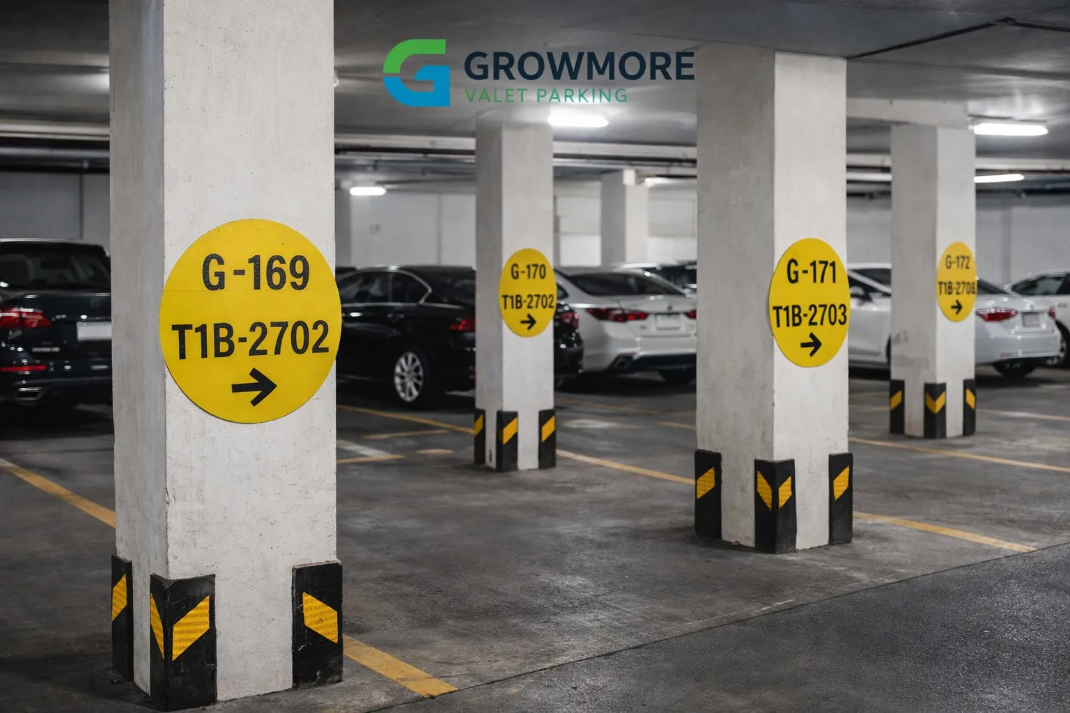Valet parking sign with organized parking slot numbering system