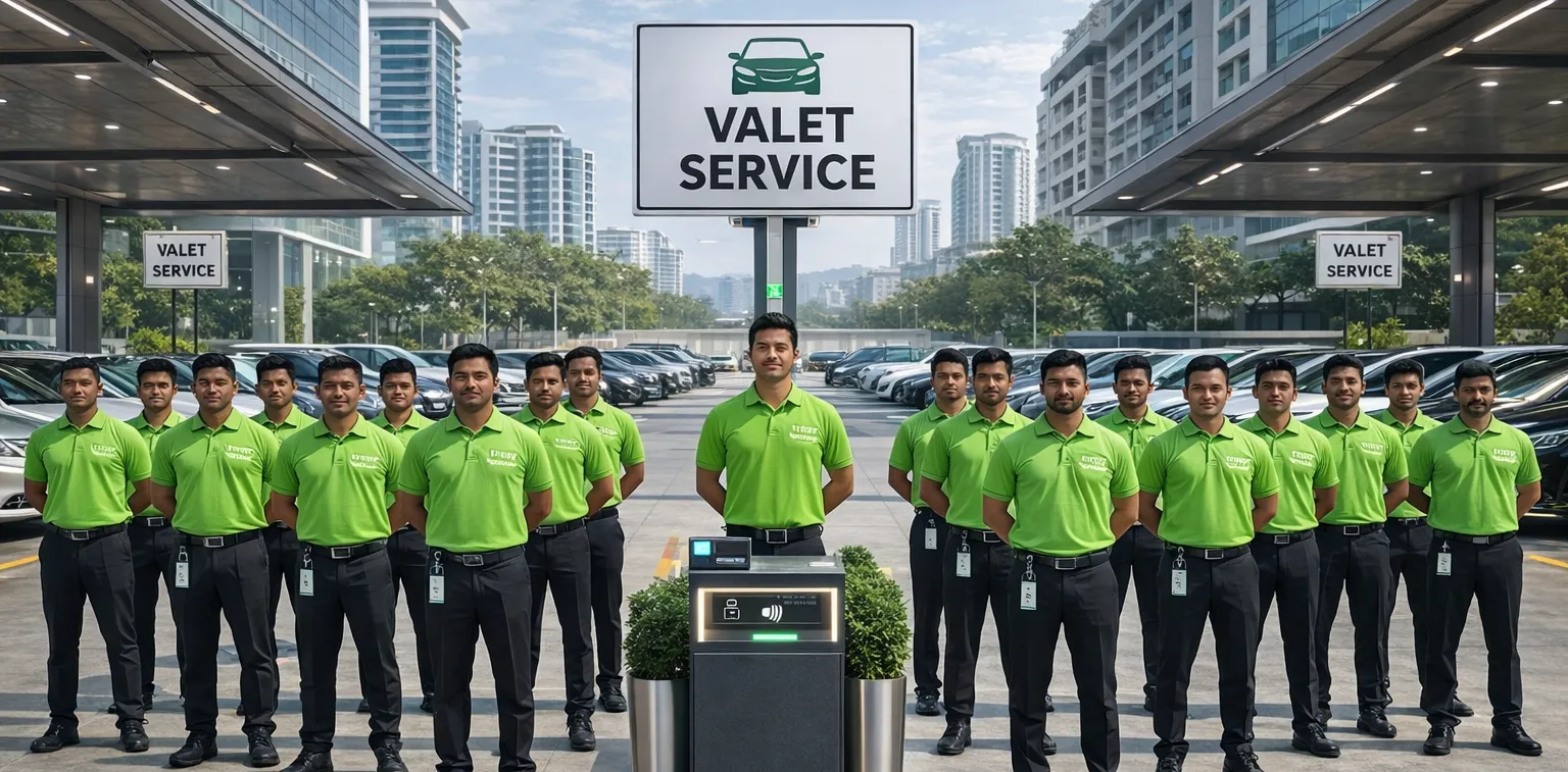 Professional valet parking attendants in uniform providing excellent customer service