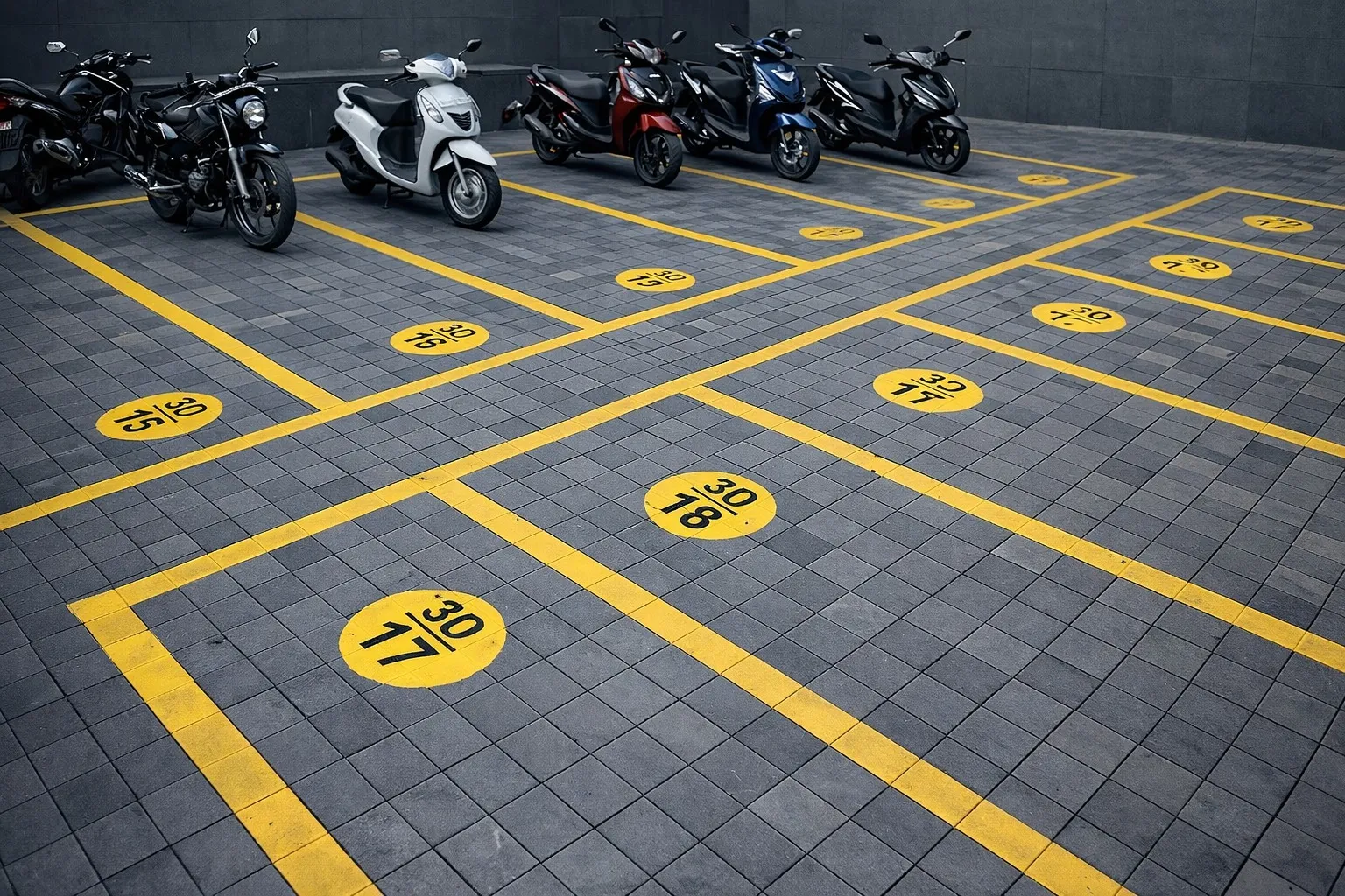 Organized two-wheeler parking slots with clear markings