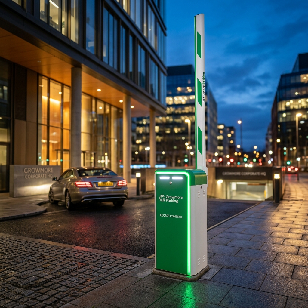 Growmore Parking automatic boom barrier system at corporate parking entrance