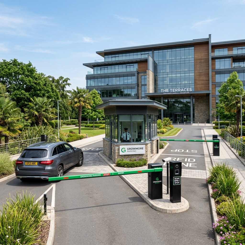Growmore Parking boom barrier installed at gated community entrance