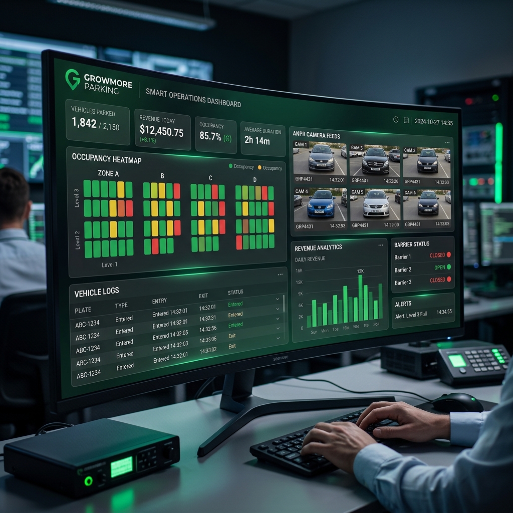 Growmore Parking Smart Dashboard - real-time parking management control centre